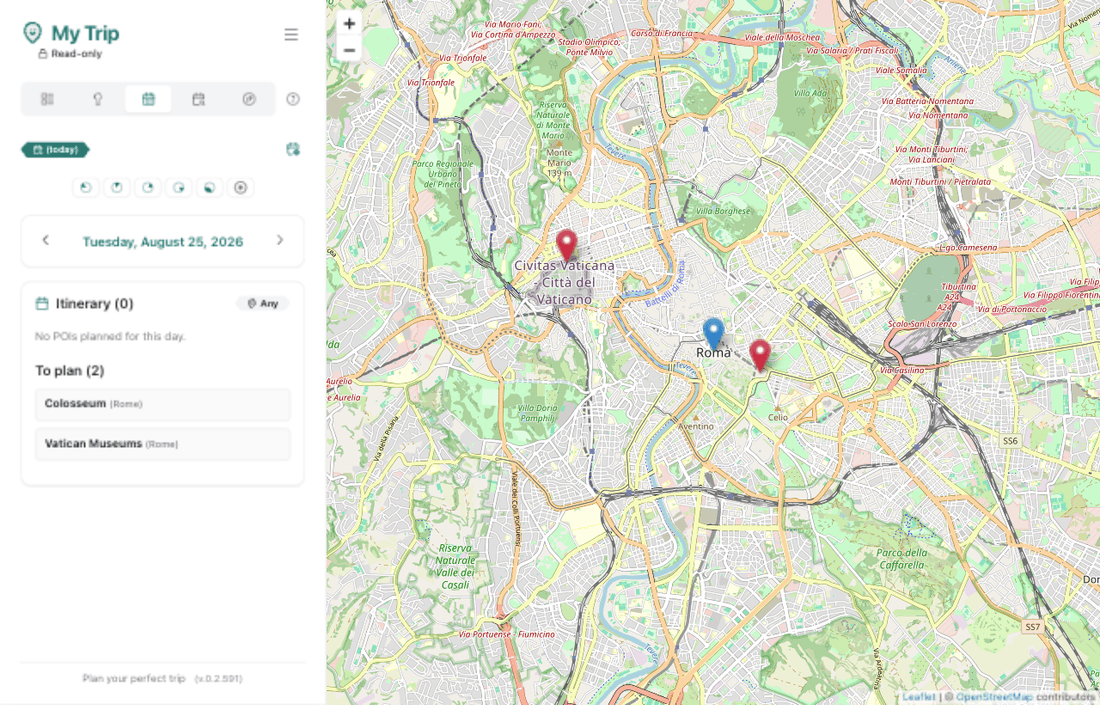 Schermata di TravelBuddy con il programma del giorno e il calendario del viaggio